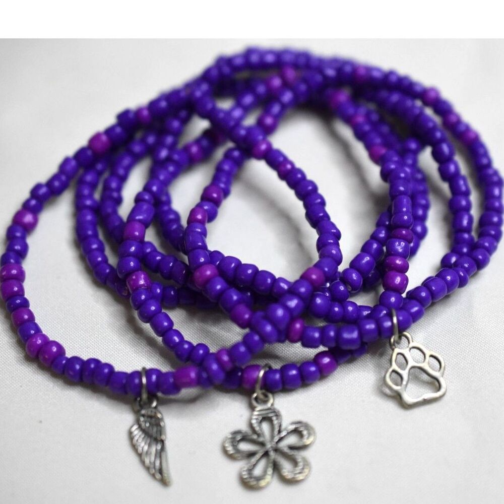 Puppy Love 6 Purple Seed Bead/ Wing/Paw /Flower Charms 6" Stretch Bracelets